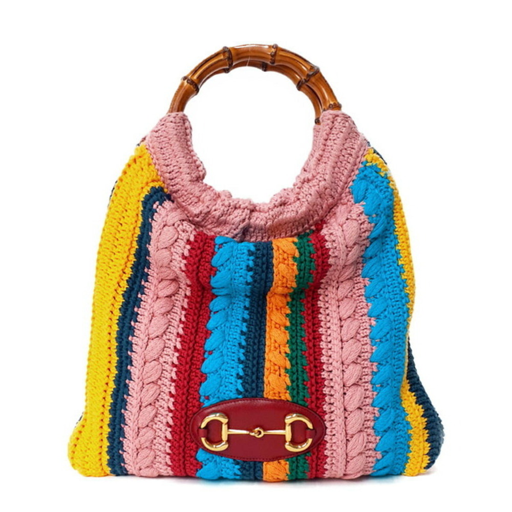 Gucci Horsebit wool Tote bag 1955 multicolour striped Pink bamboo - Picture 2 of 9